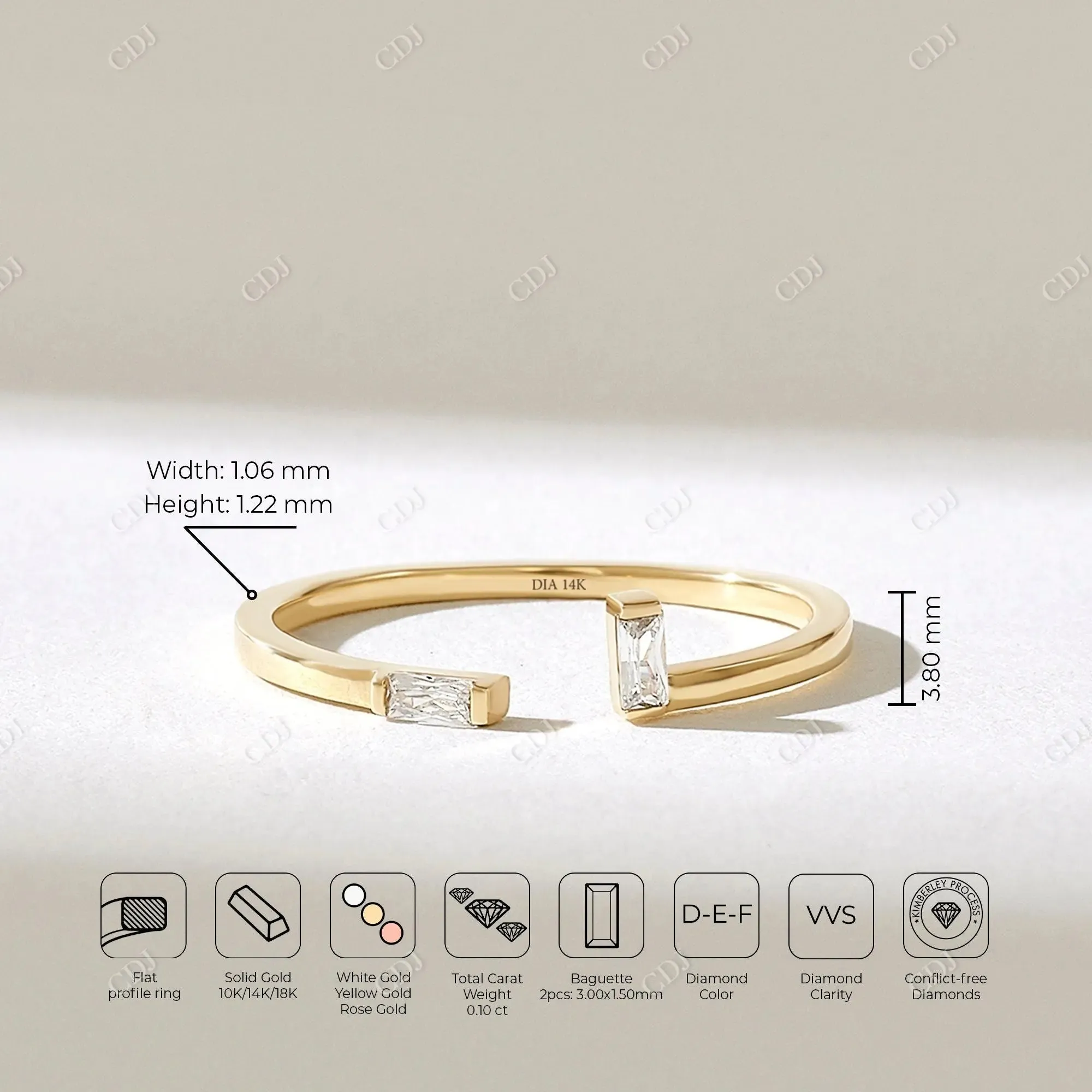 0.10CTW Baguette Lab Grown Diamond Open Cuff Wedding Band
