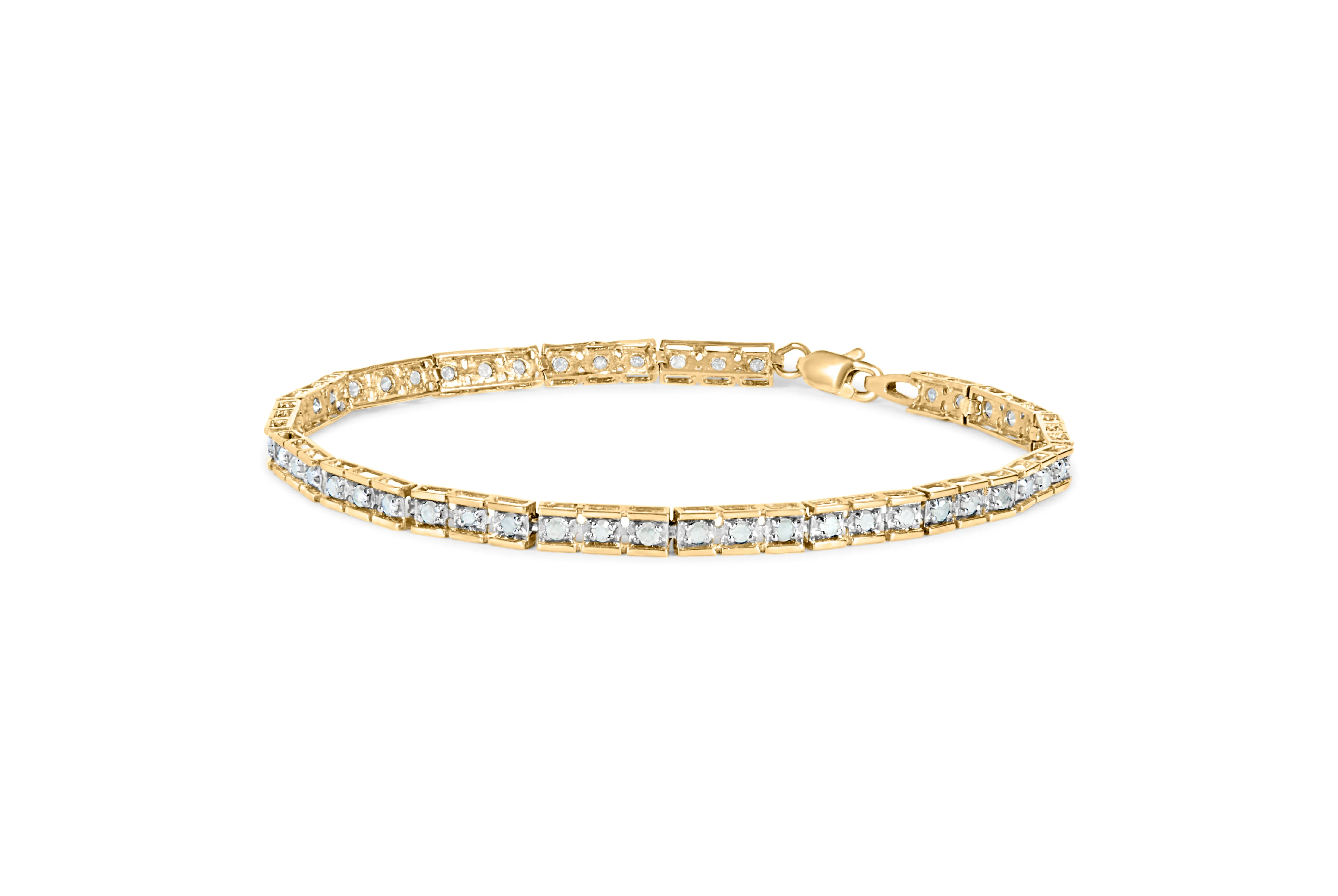 10K Yellow Gold over .925 Sterling Silver 1.0 Cttw Diamond Square Hybrid Link 7" Tennis Bracelet