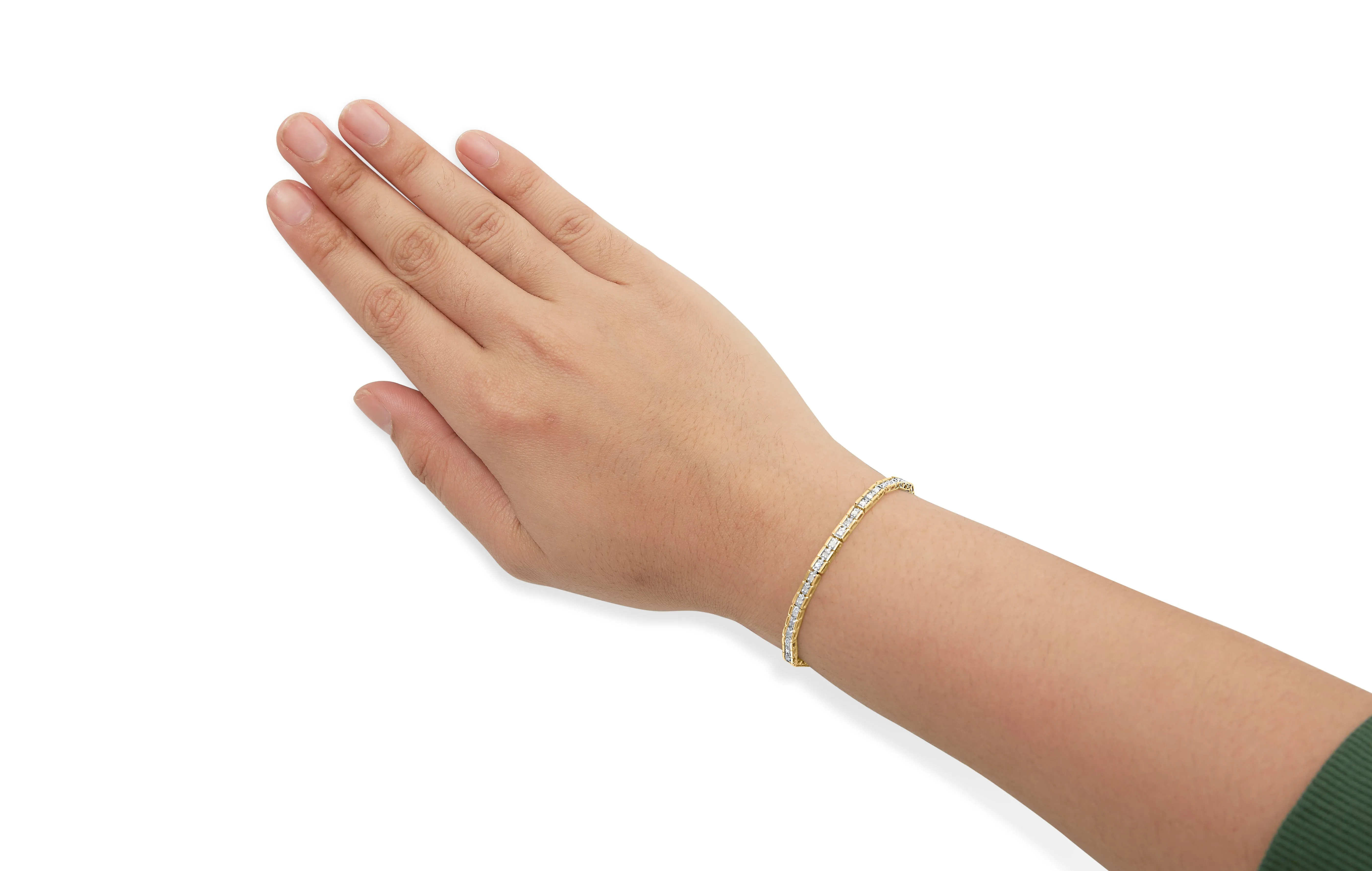 10K Yellow Gold over .925 Sterling Silver 1.0 Cttw Diamond Square Hybrid Link 7" Tennis Bracelet