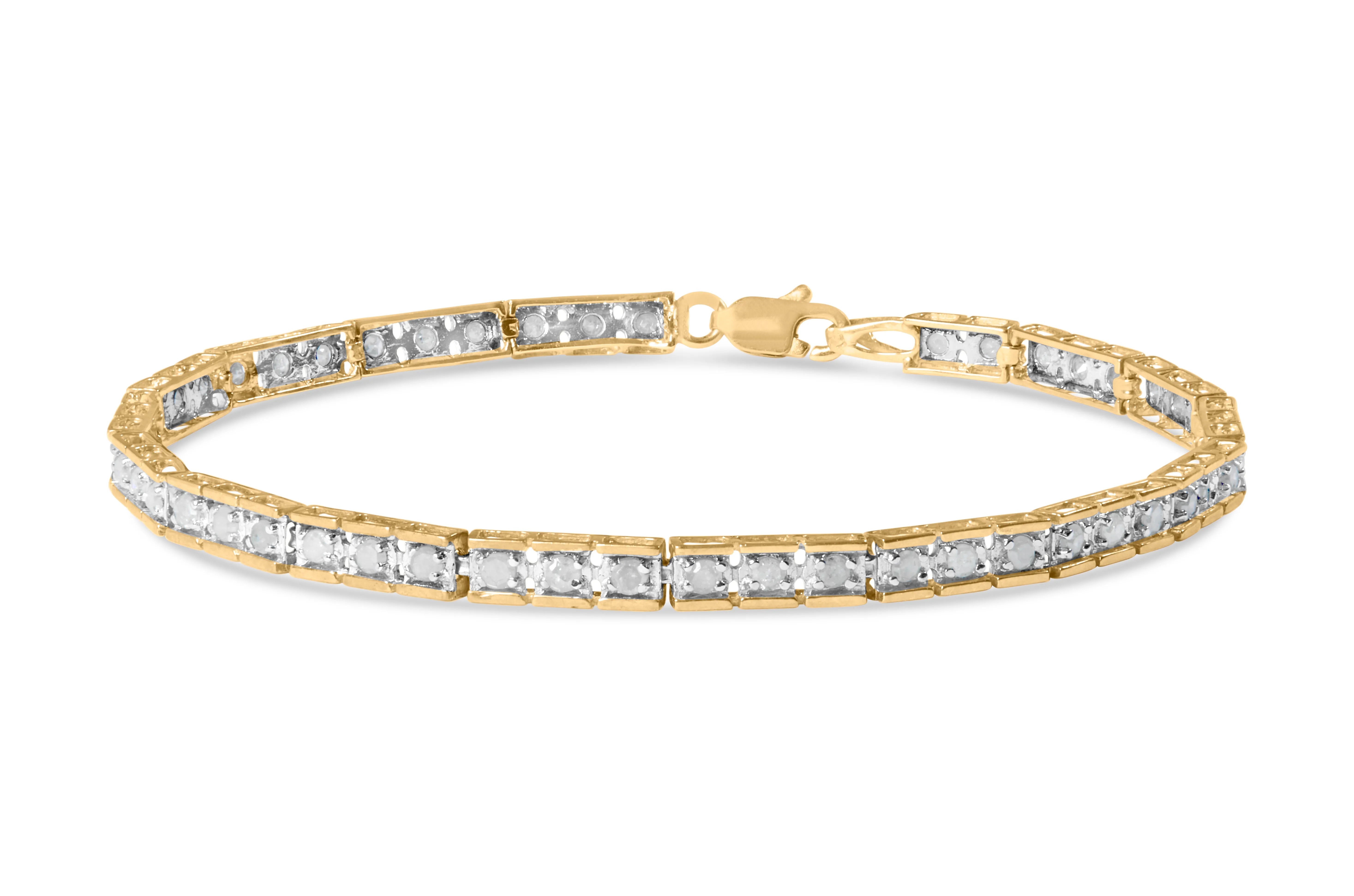 10K Yellow Gold over .925 Sterling Silver 1.0 Cttw Diamond Square Hybrid Link 7" Tennis Bracelet