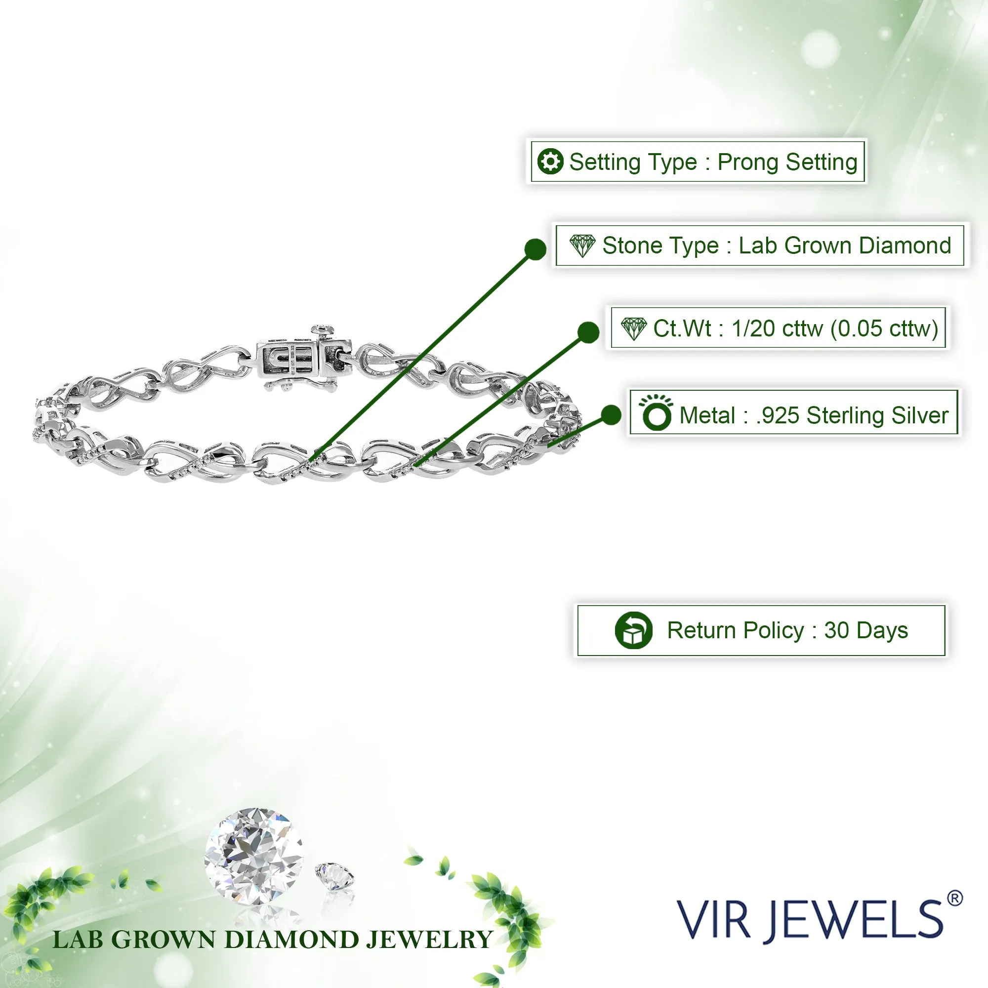 1/10 cttw Lab Grown Diamond Infinity Chain Bracelet in Silver