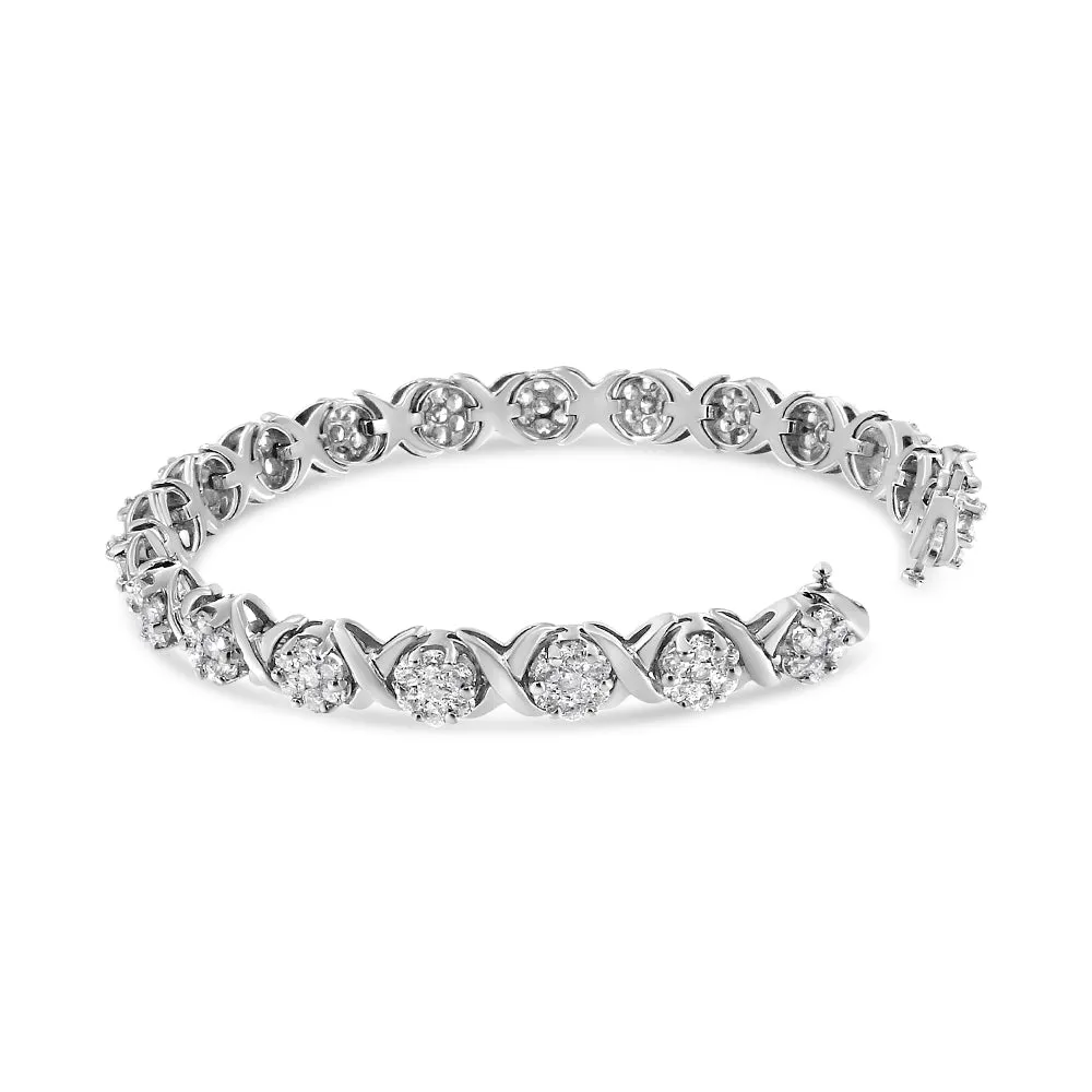14K White Gold 6-1/3 Cttw Round Brilliant-Cut Diamond Round Cluster & X-Link 7" Tennis Bracelet