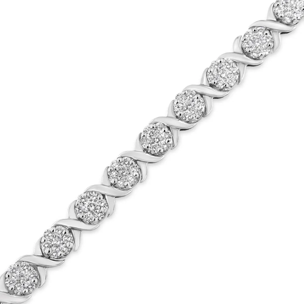 14K White Gold 6-1/3 Cttw Round Brilliant-Cut Diamond Round Cluster & X-Link 7" Tennis Bracelet