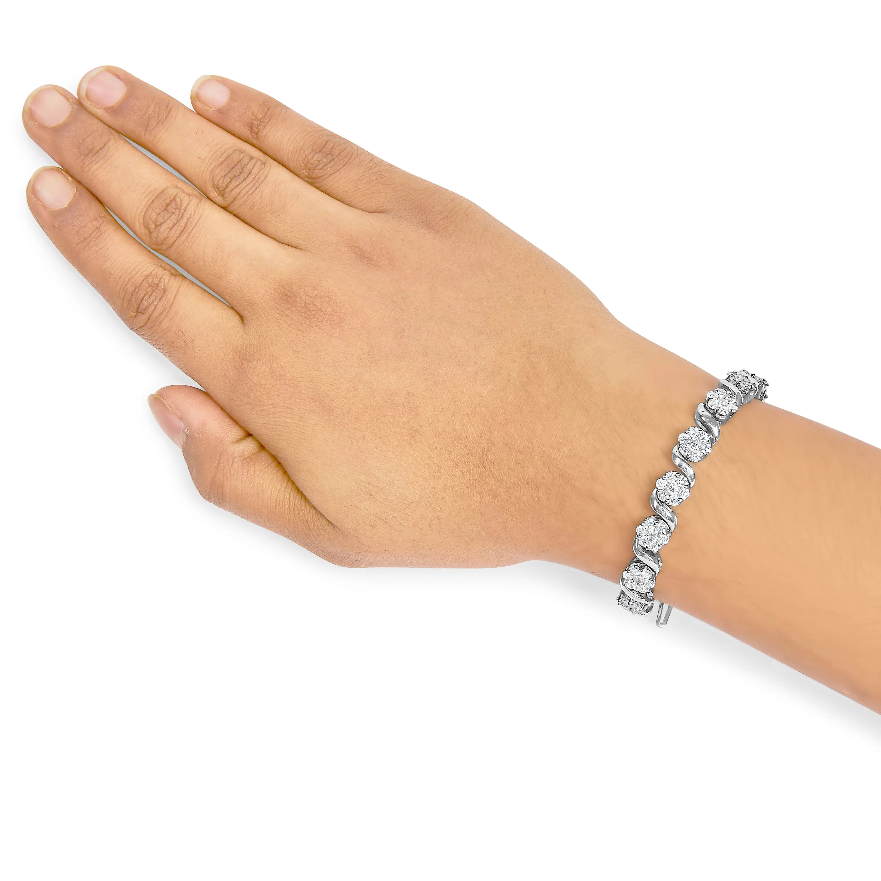 14K White Gold 7 3/8 Cttw Round Brilliant Diamond Floral Cluster and S Link Bracelet