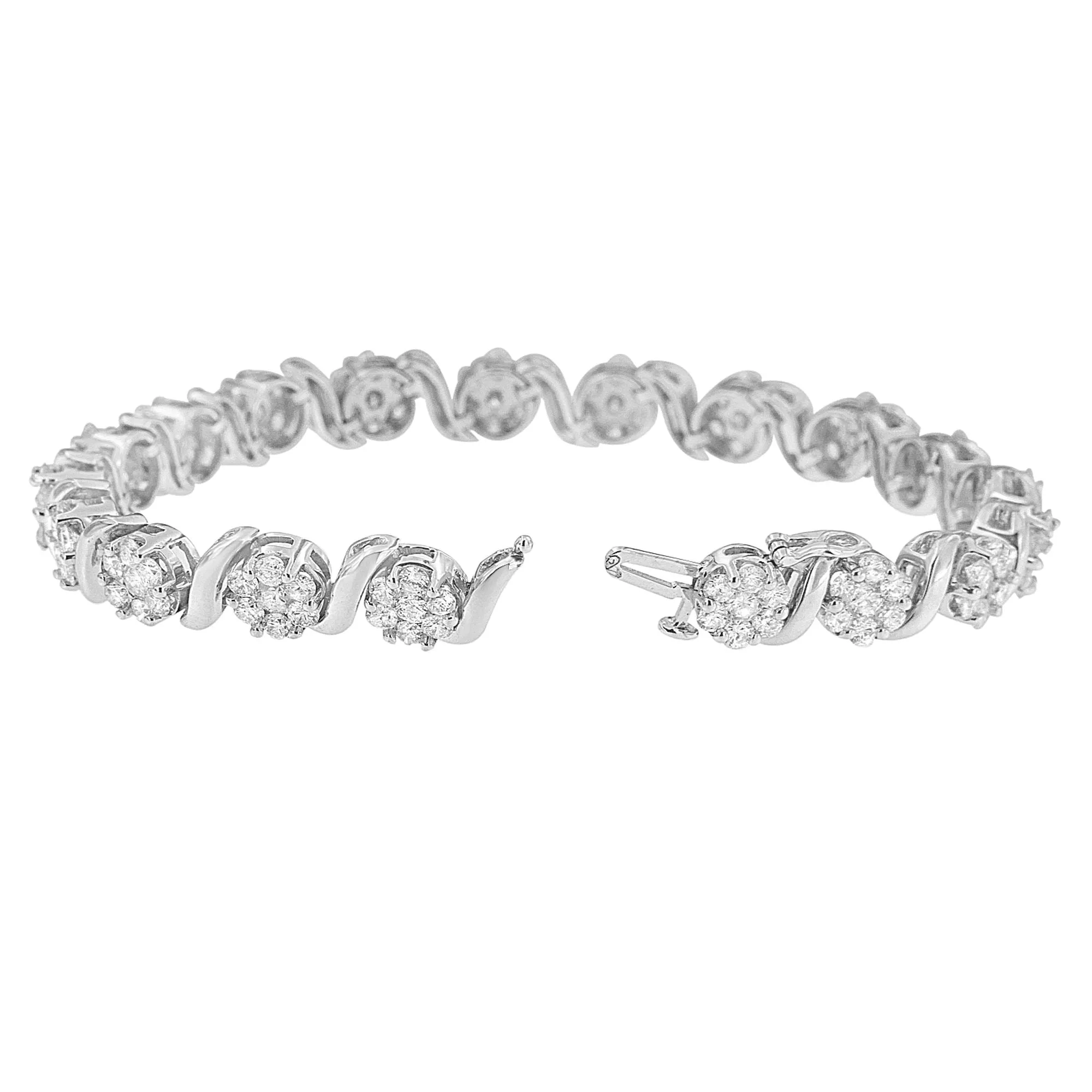 14K White Gold 7 3/8 Cttw Round Brilliant Diamond Floral Cluster and S Link Bracelet
