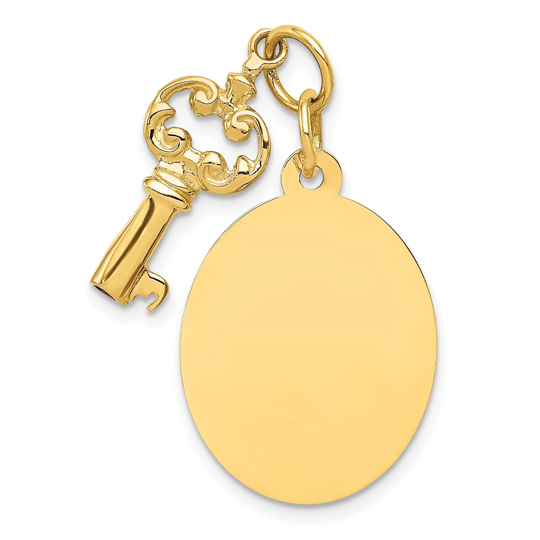 14K Yellow Gold Polished Finish Flat Back Engraveable Disc and Key Charm Pendant