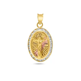 14P00026. - 14 Karat Yellow Gold 3 Tone Diamond Cut CZ Jesus Medallion Pendant