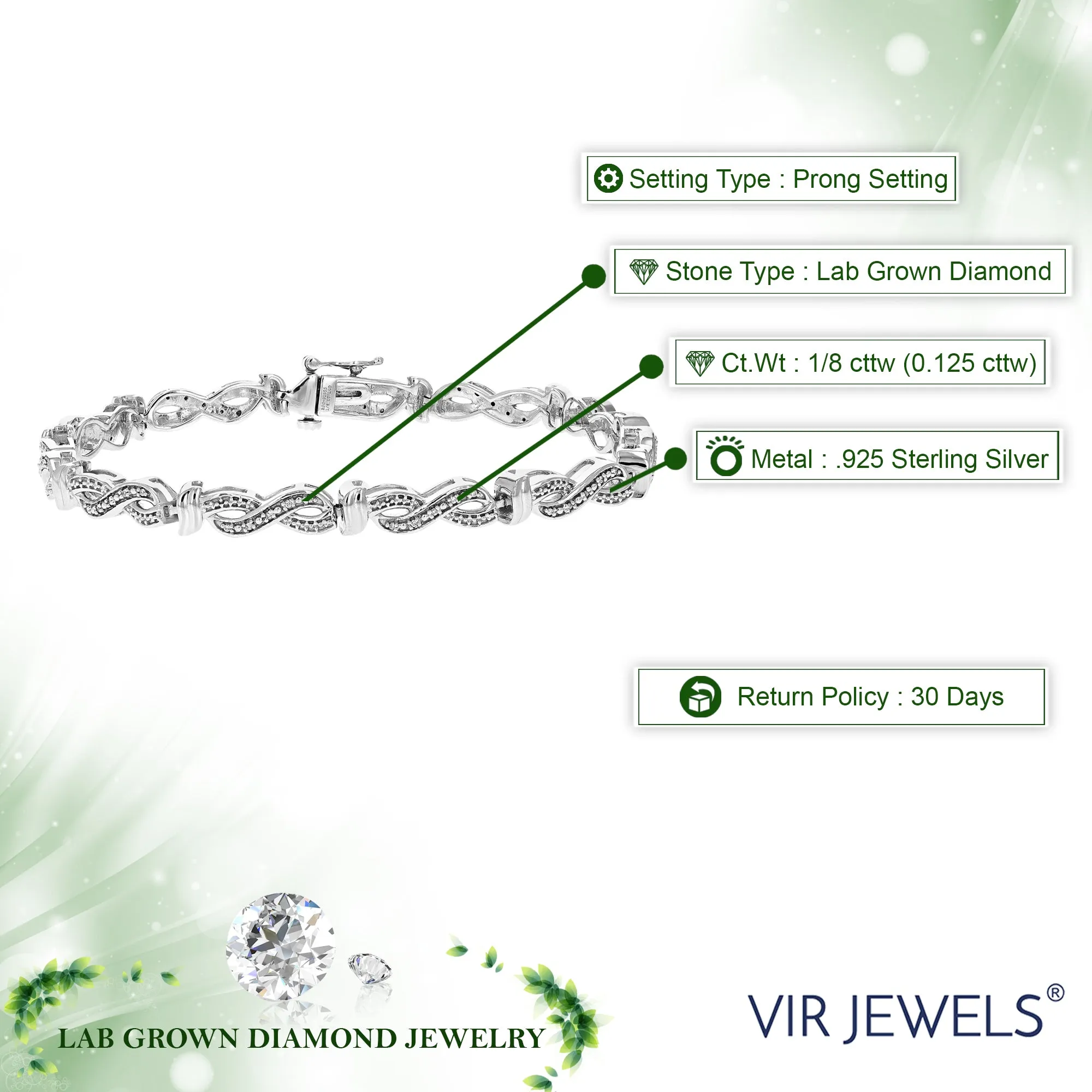 1/8 cttw Lab Grown Diamond Infinity Chain Tennis Bracelet in Silver
