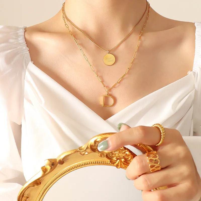 18K Gold Plated Double-Layer Letter Pendant Necklace with Detachable Chain - Women's Jewelry