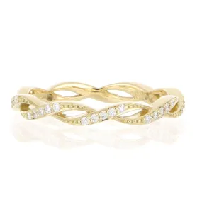 18k Yellow Gold Dainty Weave Diamond Eternity Wedding Band