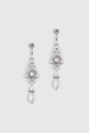 1920s Art Deco Crystal Floral Pearl Earrings