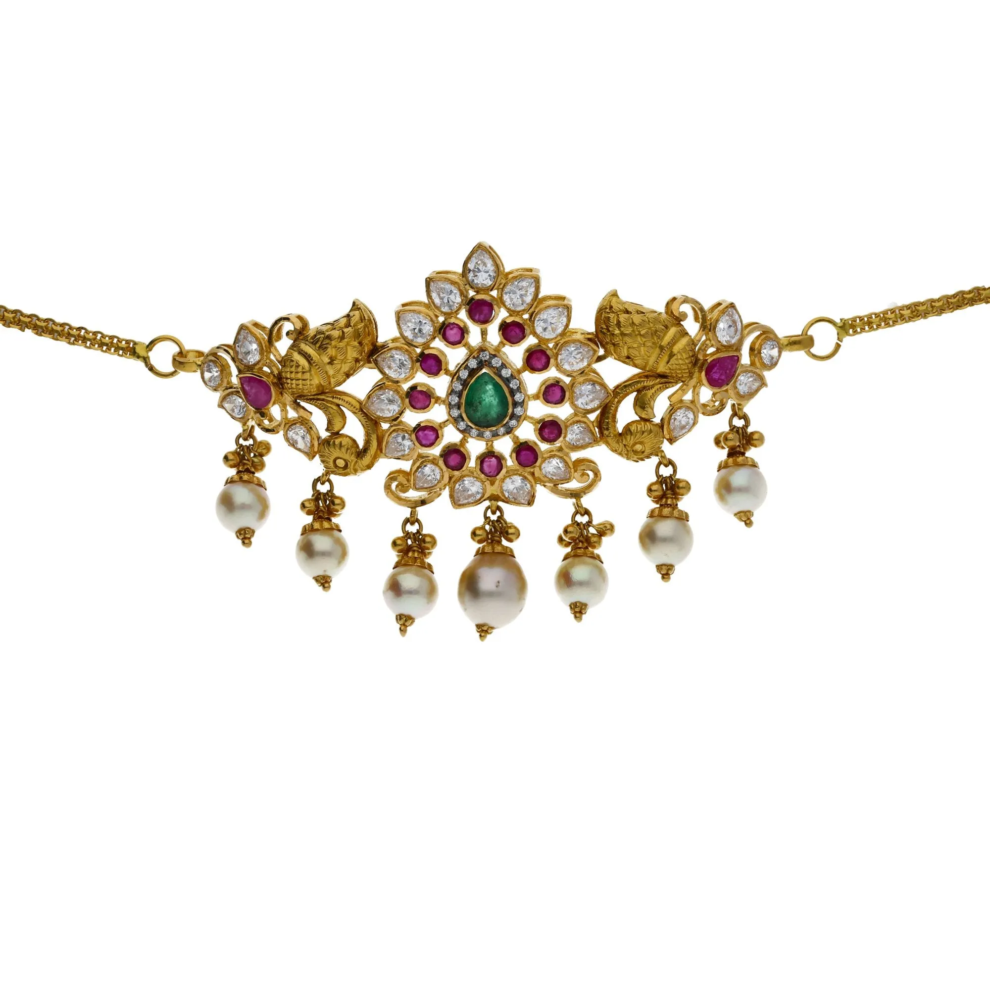 22K Yellow Antique Gold 2-in-1 Choker/Vanki & Chandbali Earrings Set W/ Emerald, Ruby, CZ, Pearls & Pear Shaped Accents