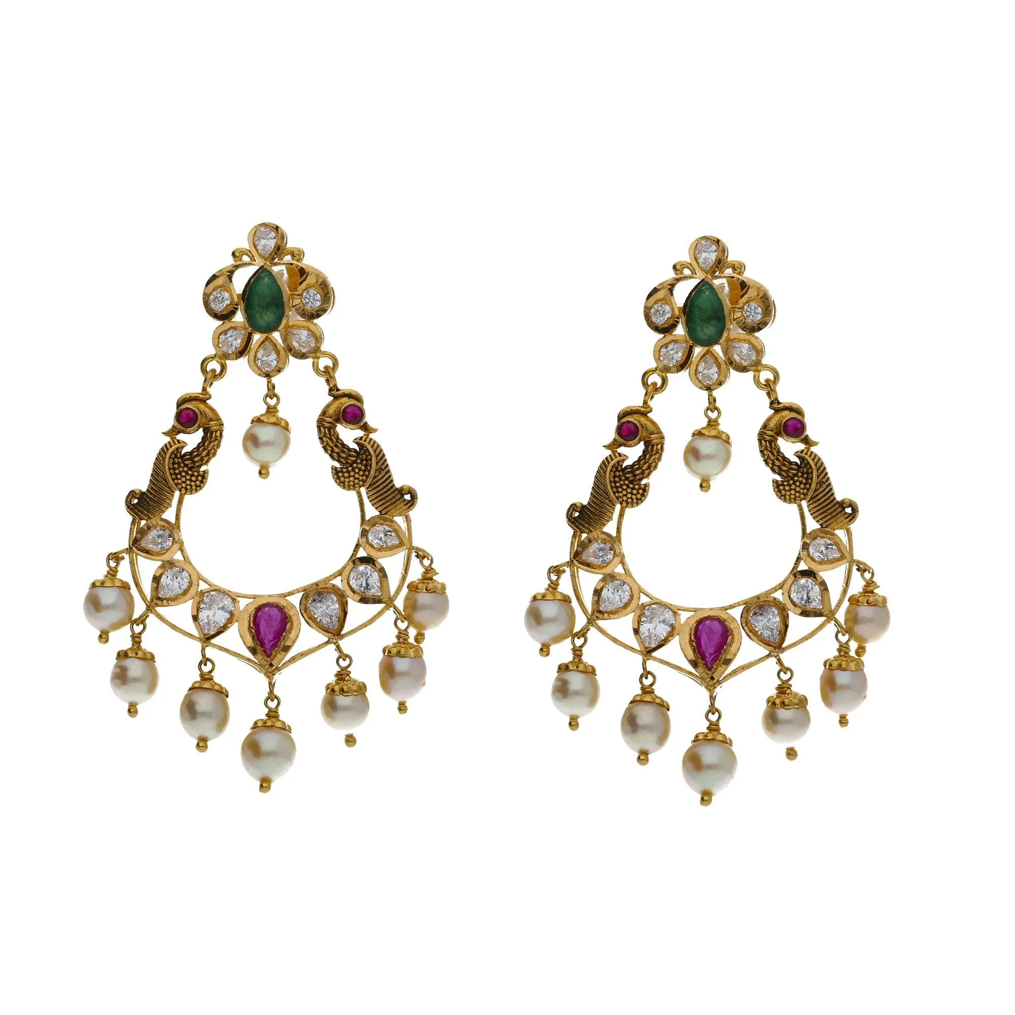 22K Yellow Antique Gold 2-in-1 Choker/Vanki & Chandbali Earrings Set W/ Emerald, Ruby, CZ, Pearls & Pear Shaped Accents