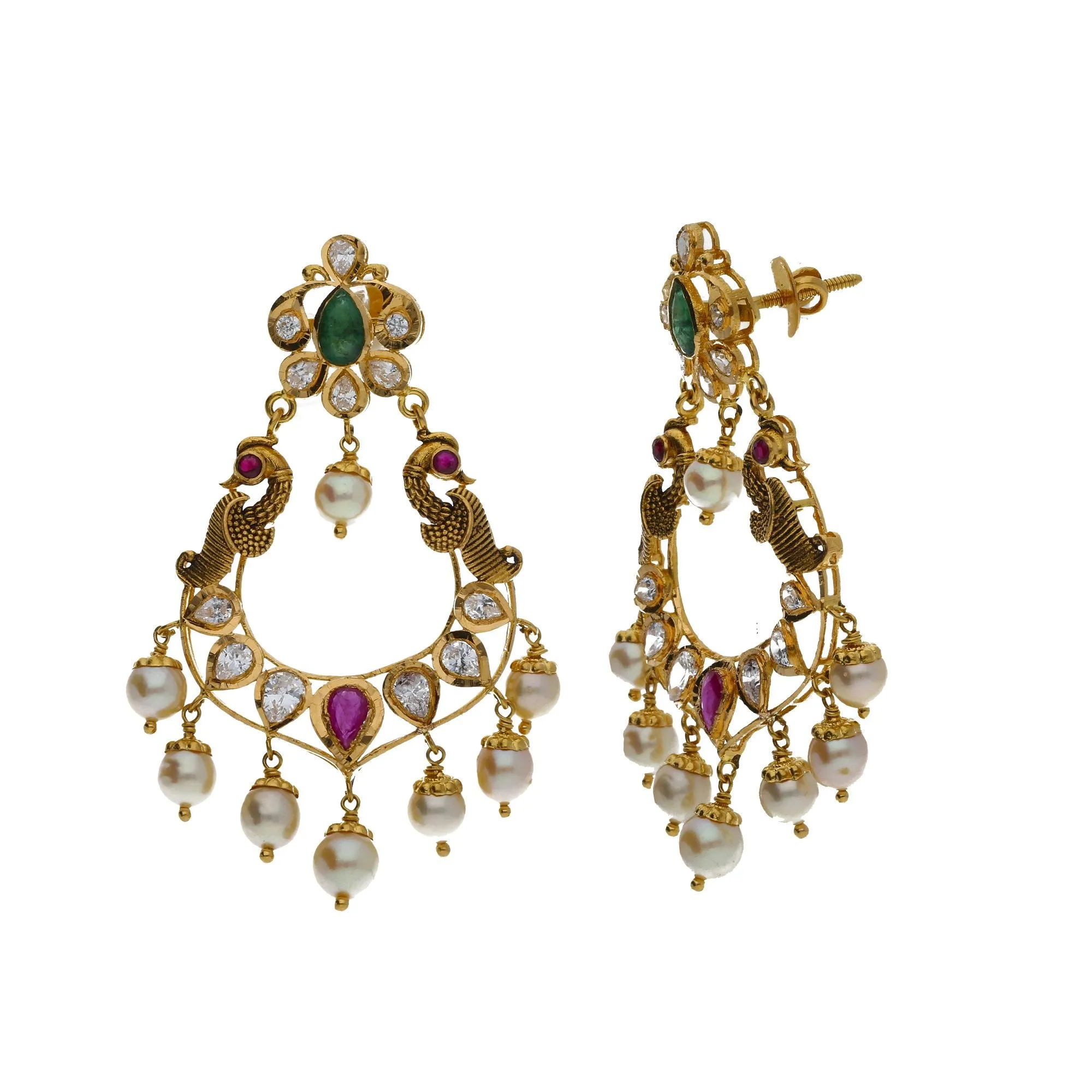22K Yellow Antique Gold 2-in-1 Choker/Vanki & Chandbali Earrings Set W/ Emerald, Ruby, CZ, Pearls & Pear Shaped Accents