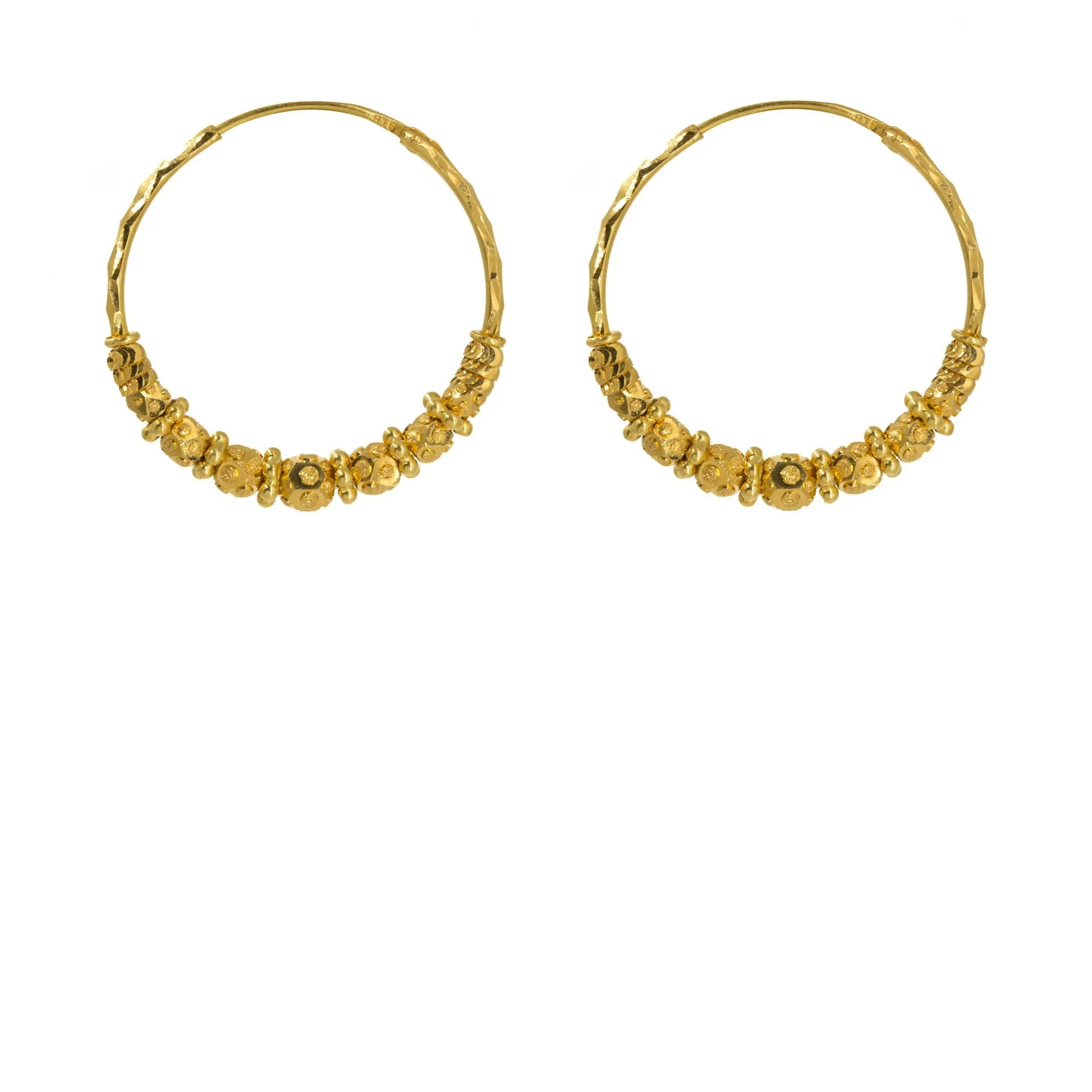 22K Yellow Gold Hoop Earrings W/ Chunky Beaded Design & Light Hammered Hoop