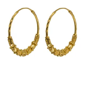 22K Yellow Gold Hoop Earrings W/ Chunky Beaded Design & Light Hammered Hoop