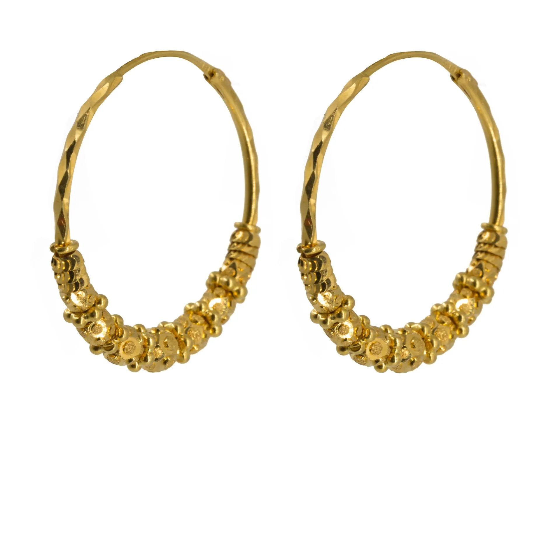 22K Yellow Gold Hoop Earrings W/ Chunky Beaded Design & Light Hammered Hoop
