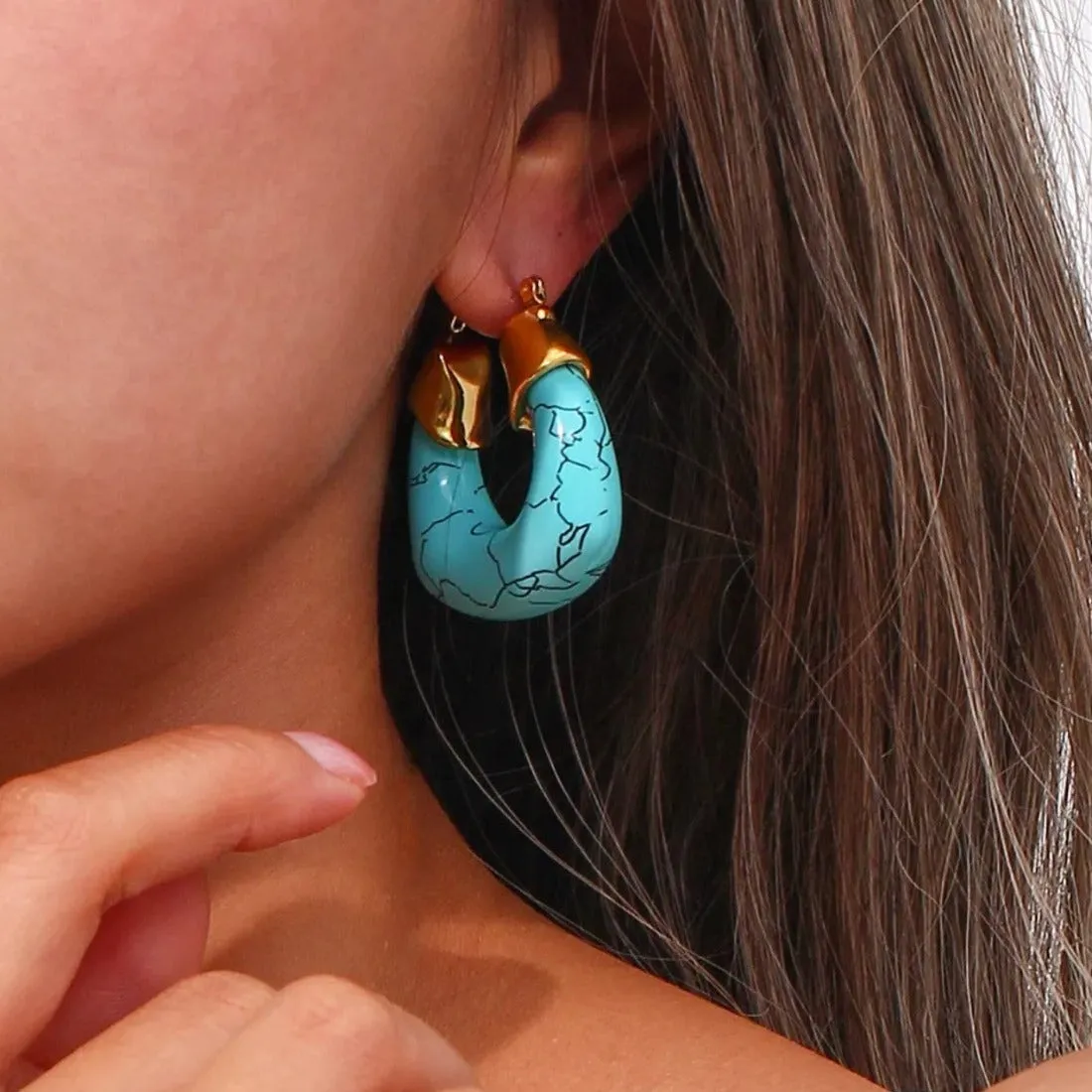 35mm Bold Enamel Turquoise Blue U Shape Hoops Earrings