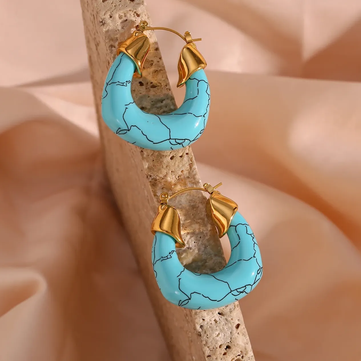 35mm Bold Enamel Turquoise Blue U Shape Hoops Earrings