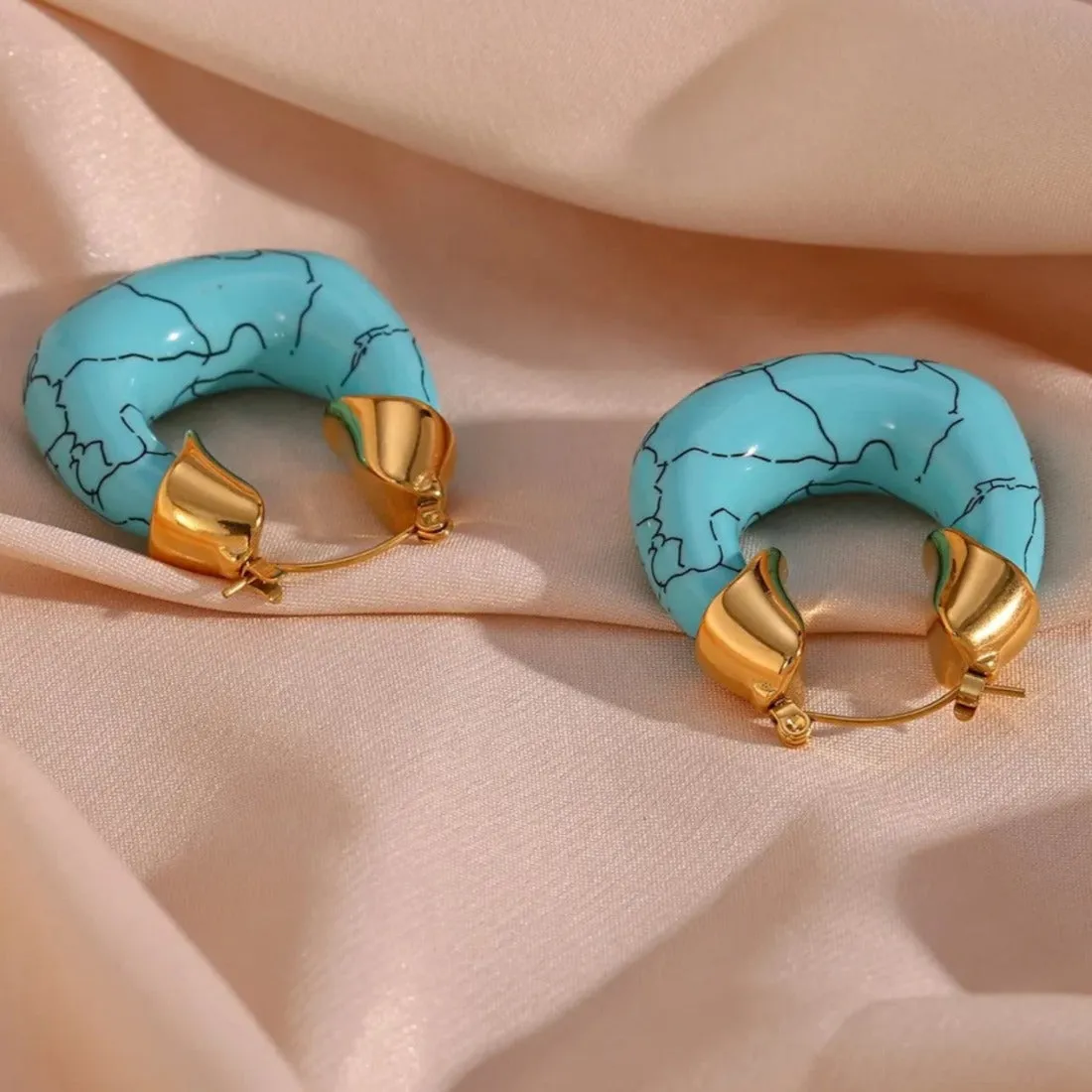 35mm Bold Enamel Turquoise Blue U Shape Hoops Earrings