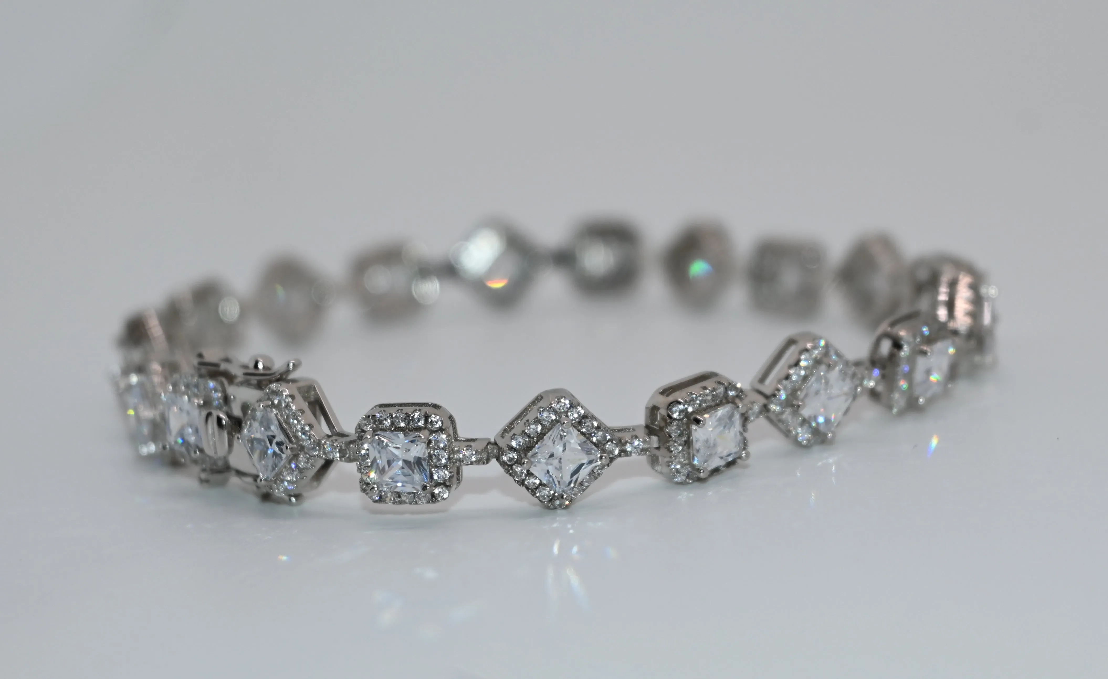 925 Rhodium Cz Square Tennis Bracelet