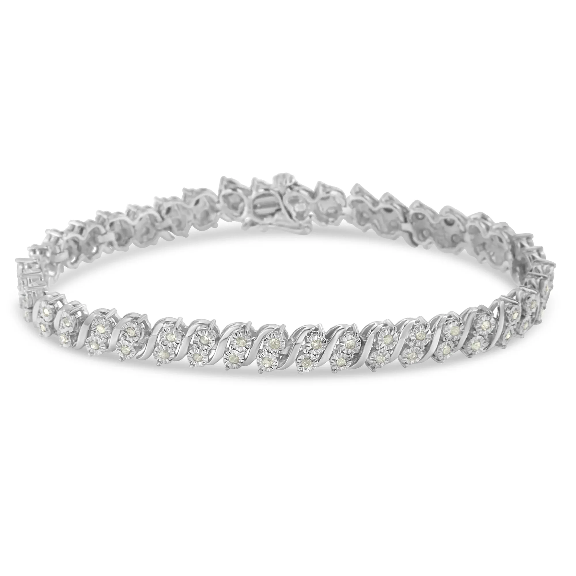 .925 Sterling Silver 1.0 Cttw Rose cut Diamond Two Stone S Link Tennis Bracelet