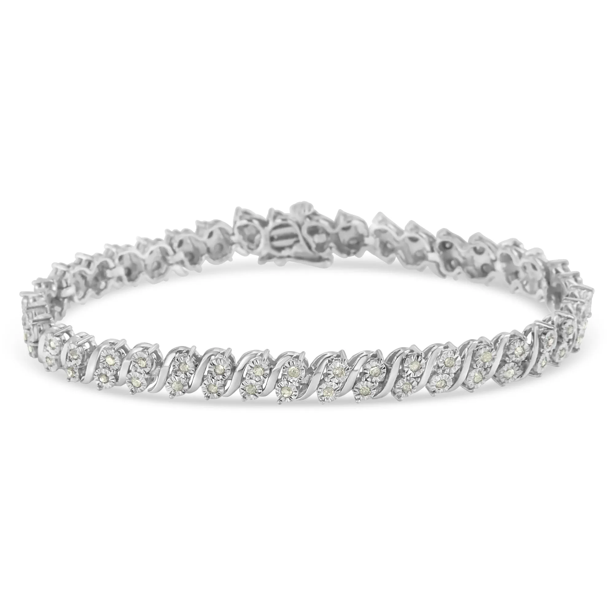.925 Sterling Silver 1.0 Cttw Rose cut Diamond Two Stone S Link Tennis Bracelet