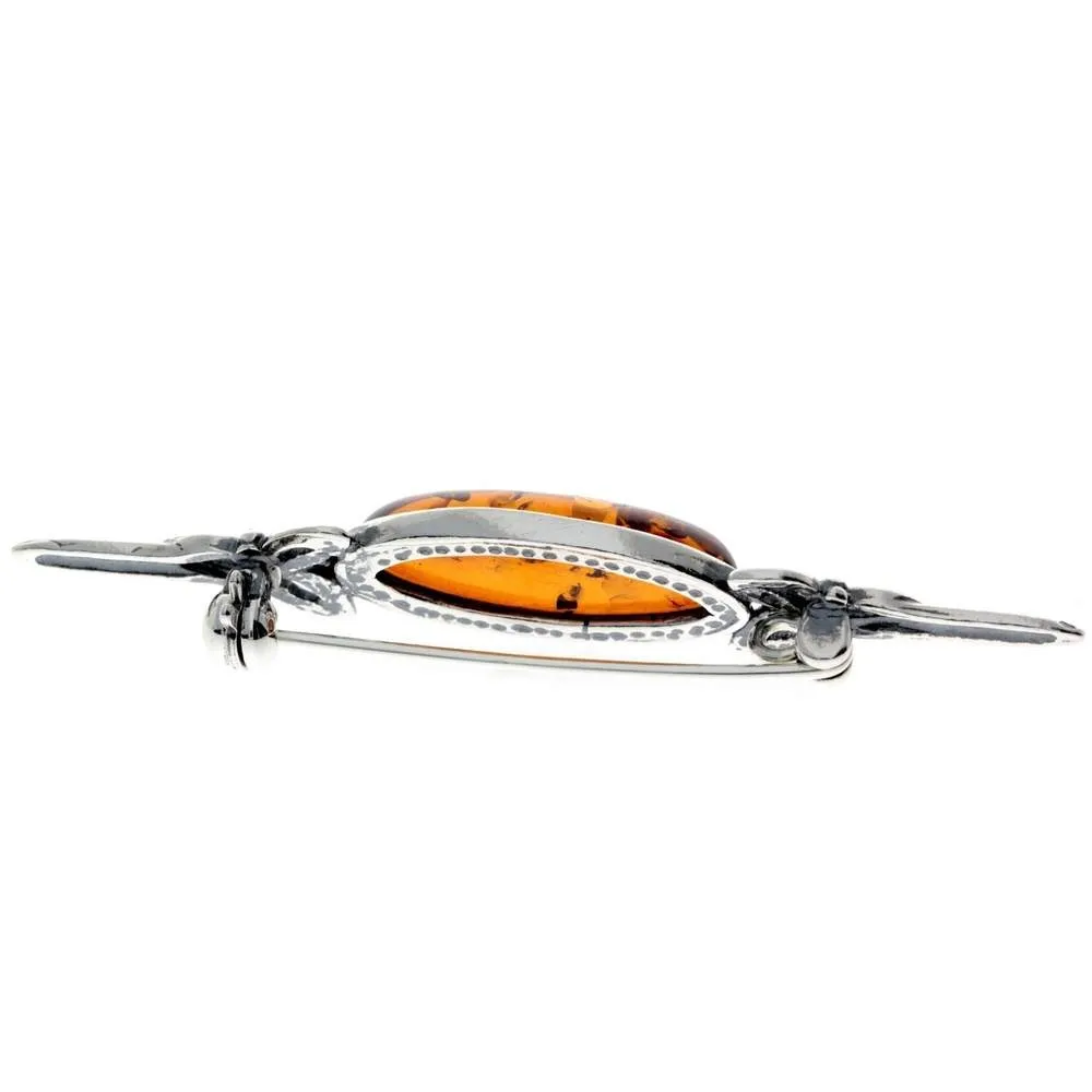 925 Sterling Silver & Genuine Baltic Amber Classic Celtic Brooch - GL804