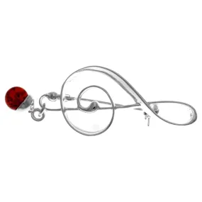 925 Sterling Silver & Genuine Baltic Amber Treble Clef Brooch - 4168