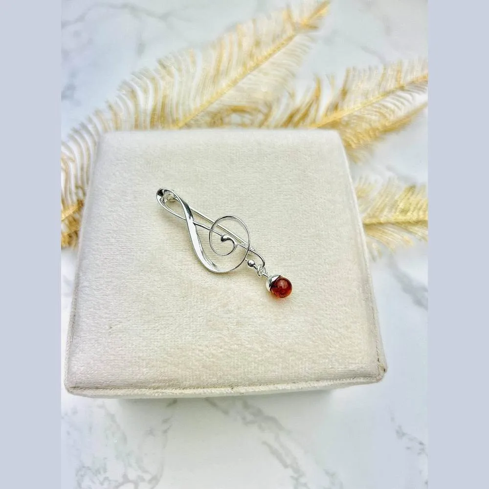 925 Sterling Silver & Genuine Baltic Amber Treble Clef Brooch - 4168