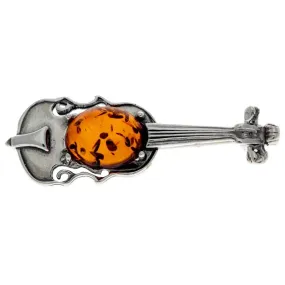 925 Sterling Silver & Genuine Baltic Amber Violin Brooch - 4106