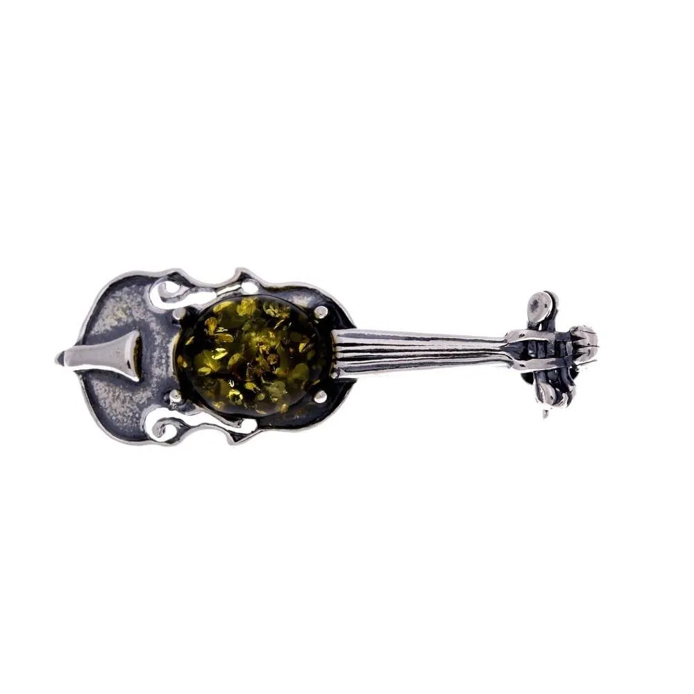 925 Sterling Silver & Genuine Baltic Amber Violin Brooch - 4106