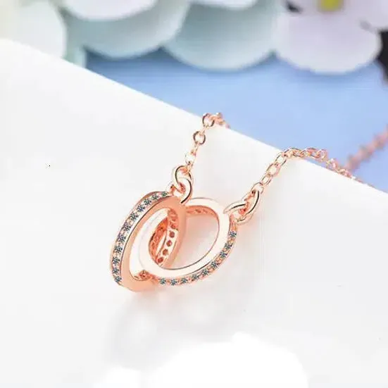 925 Sterling Silver Double Circle Cz Zirconia Necklace Gift