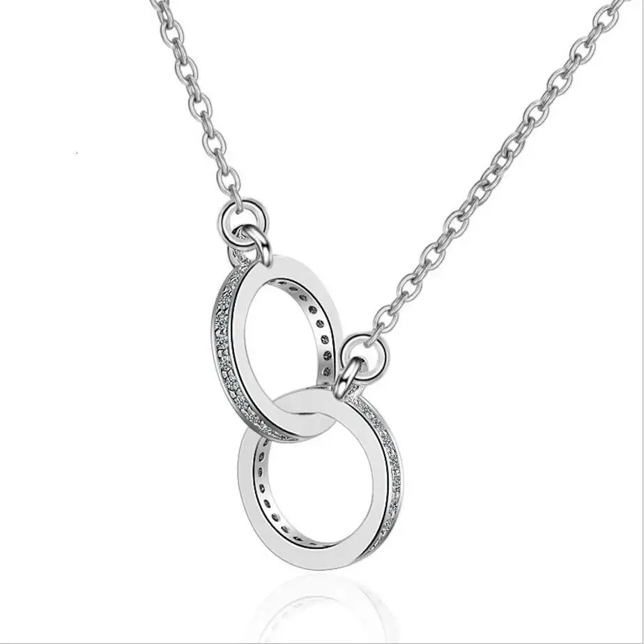 925 Sterling Silver Double Circle Cz Zirconia Necklace Gift