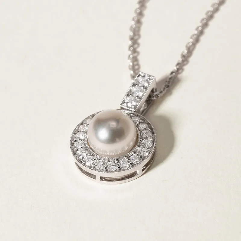 Akoya Pearl Necklace 18K White Gold Diamond Pendulum Pendant