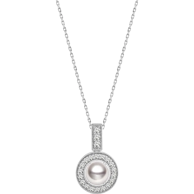 Akoya Pearl Necklace 18K White Gold Diamond Pendulum Pendant
