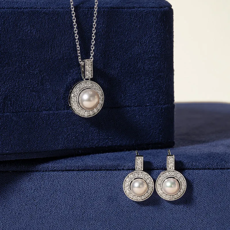 Akoya Pearl Necklace 18K White Gold Diamond Pendulum Pendant