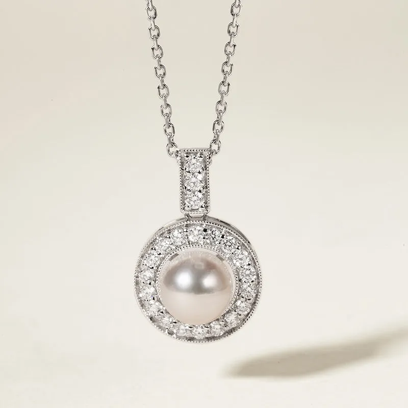 Akoya Pearl Necklace 18K White Gold Diamond Pendulum Pendant