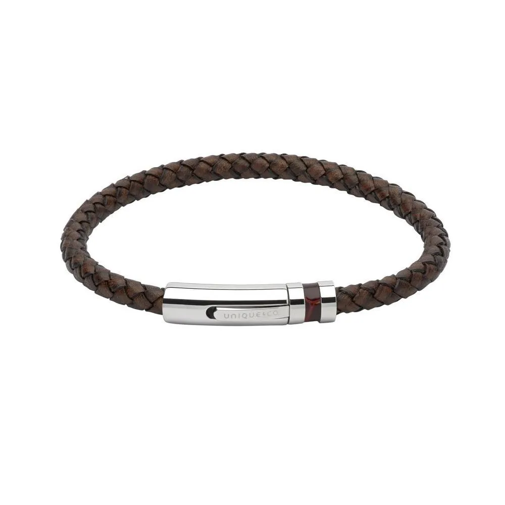 Antique Brown plaited leather bracelet with a brown inlaid steel clasp