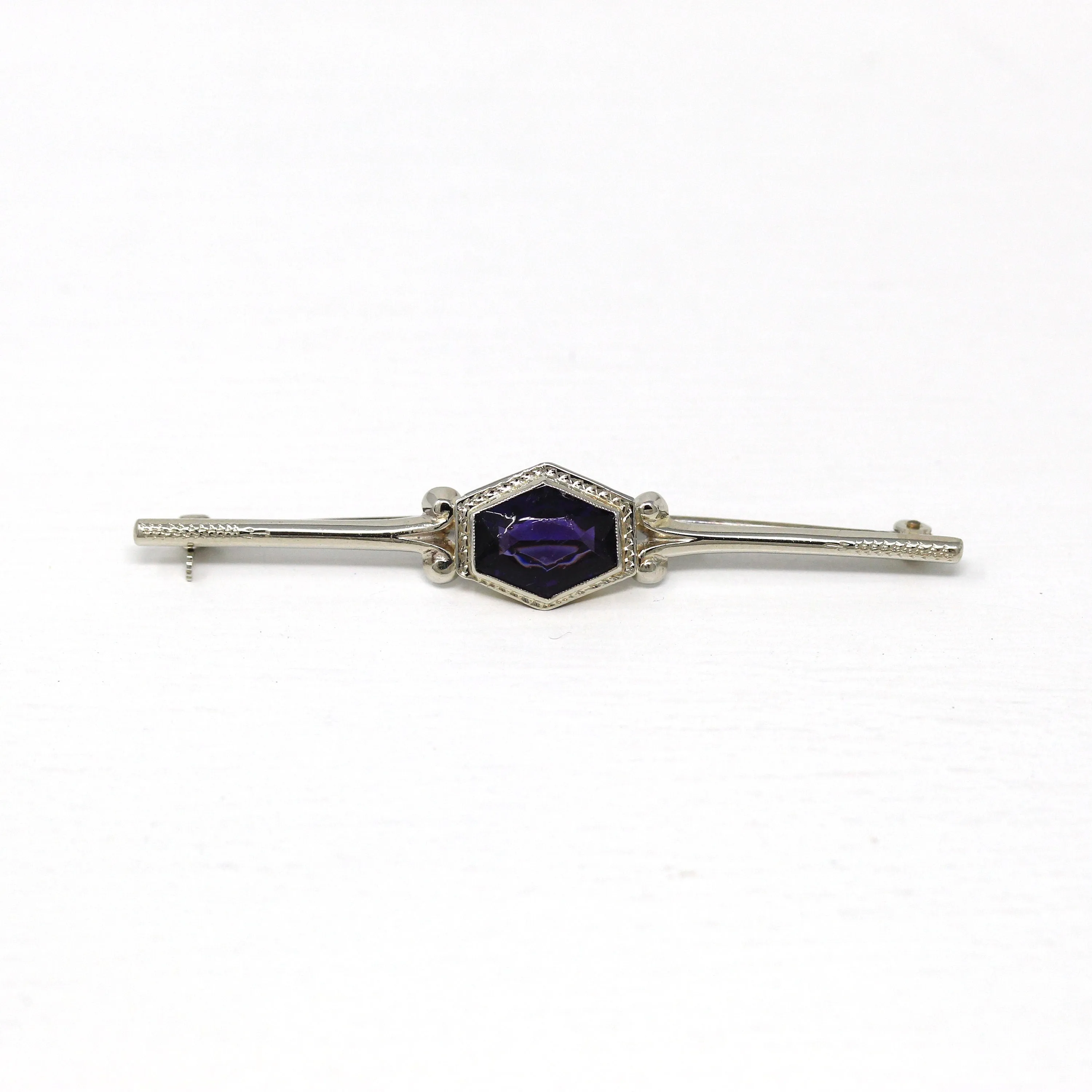 Art Deco Brooch - Vintage 10k White Gold Indigo Glass Simulated Sapphire Pin - Circa 1930s Era Bar Style Fashion Accessory Fine 30s Jewelry