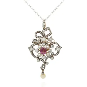 Art Nouveau Silver and Gold Ornate Diamond, Pearl and Spinel Brooch Pendant, c.1910