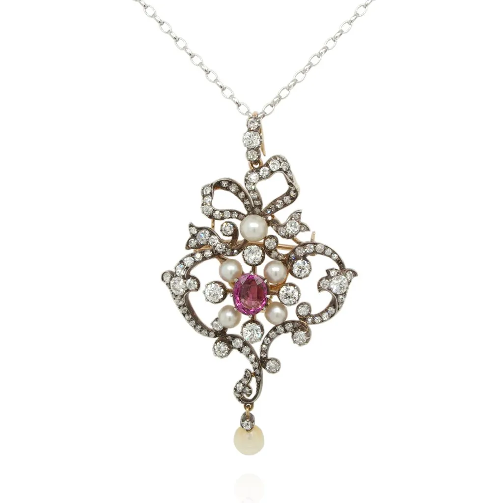 Art Nouveau Silver and Gold Ornate Diamond, Pearl and Spinel Brooch Pendant, c.1910