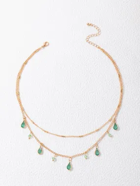 Bead & Green Water-drop Charm Layered Necklace for Women Girls Accessories