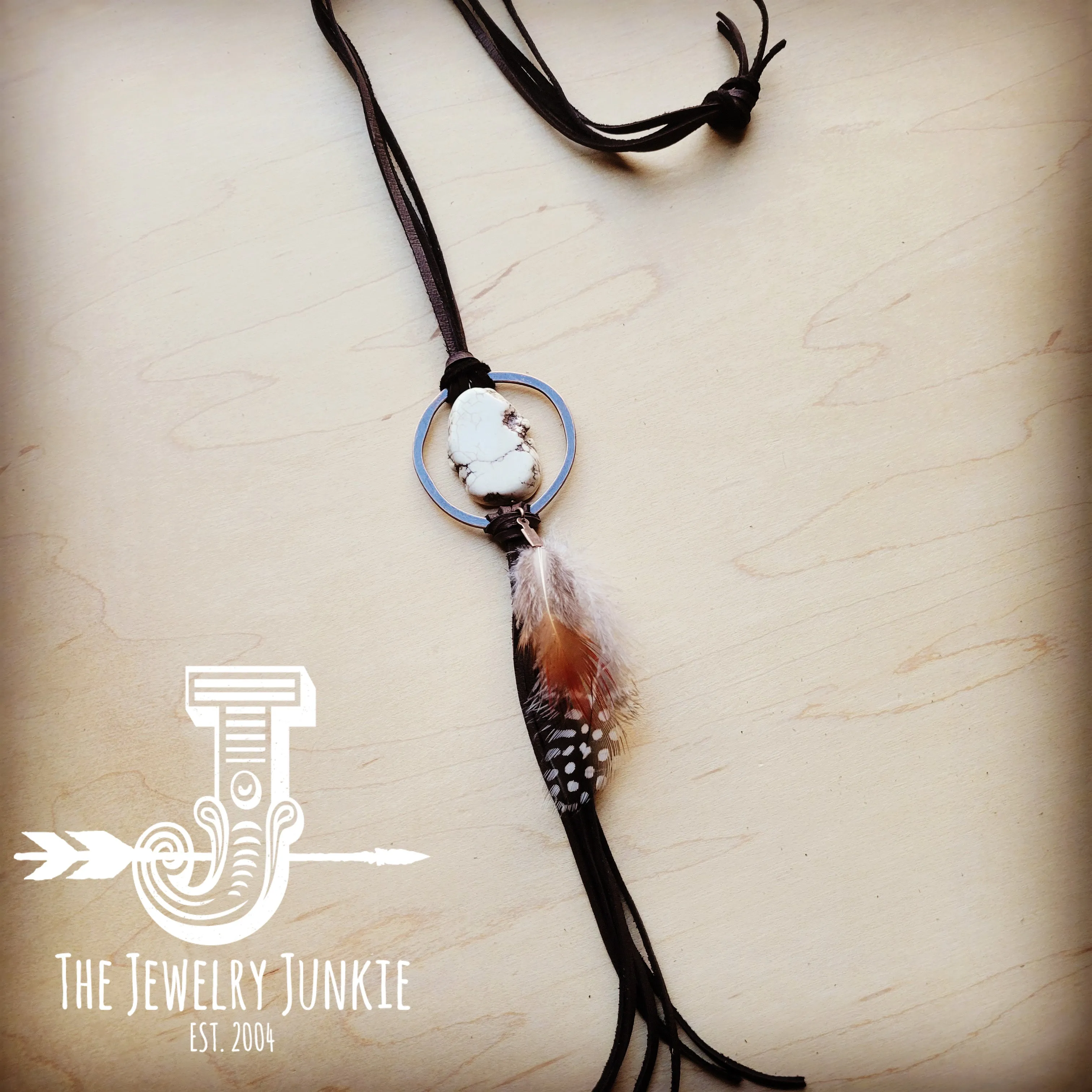 **Brown Boho Leather Necklace w/ White Turquoise & Spotted Feathers 256z