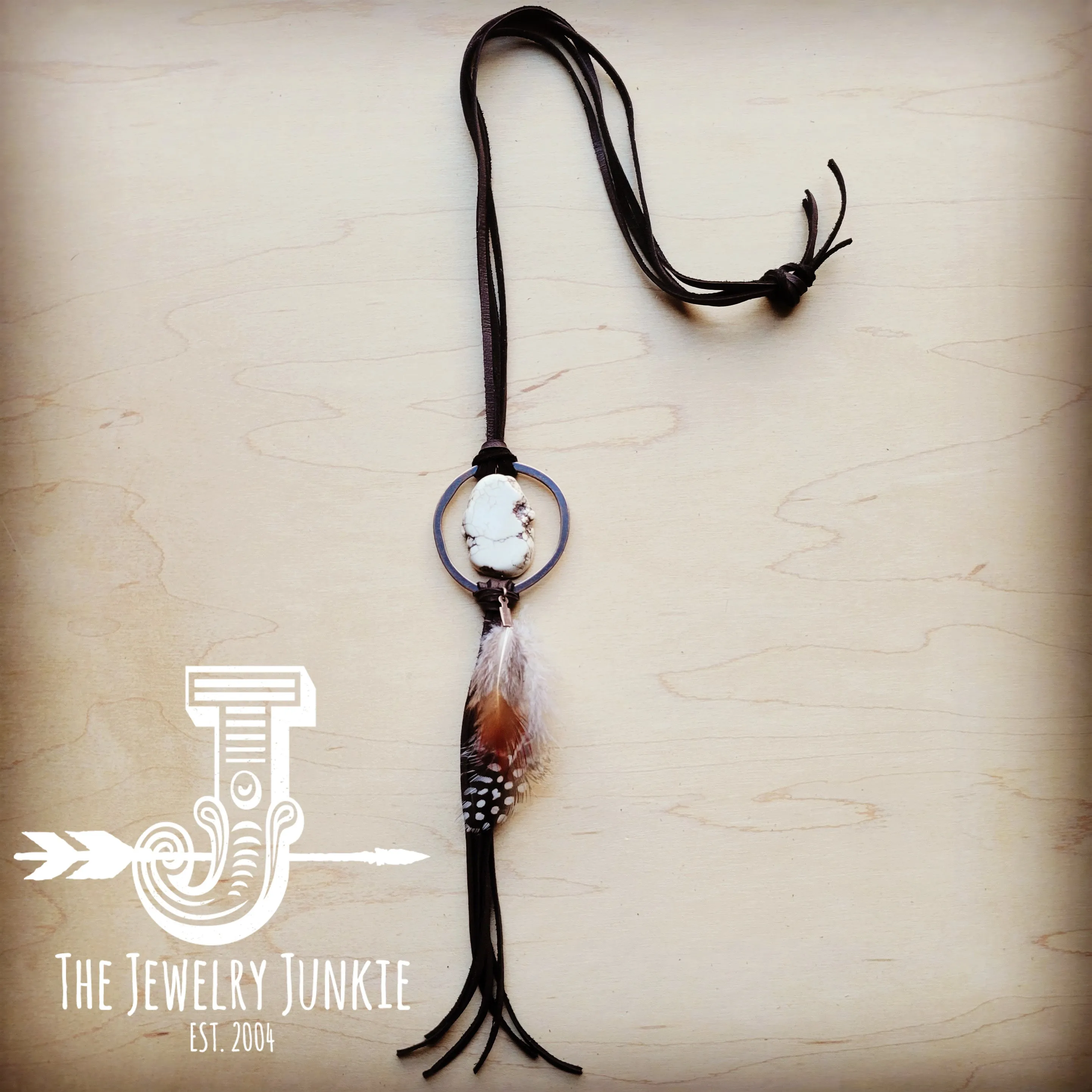 **Brown Boho Leather Necklace w/ White Turquoise & Spotted Feathers 256z