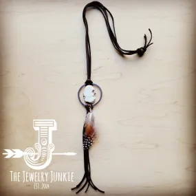 **Brown Boho Leather Necklace w/ White Turquoise & Spotted Feathers 256z