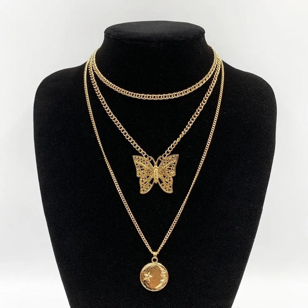 Butterfly Pendant Necklace - Multi-Layered  Women Jewelry