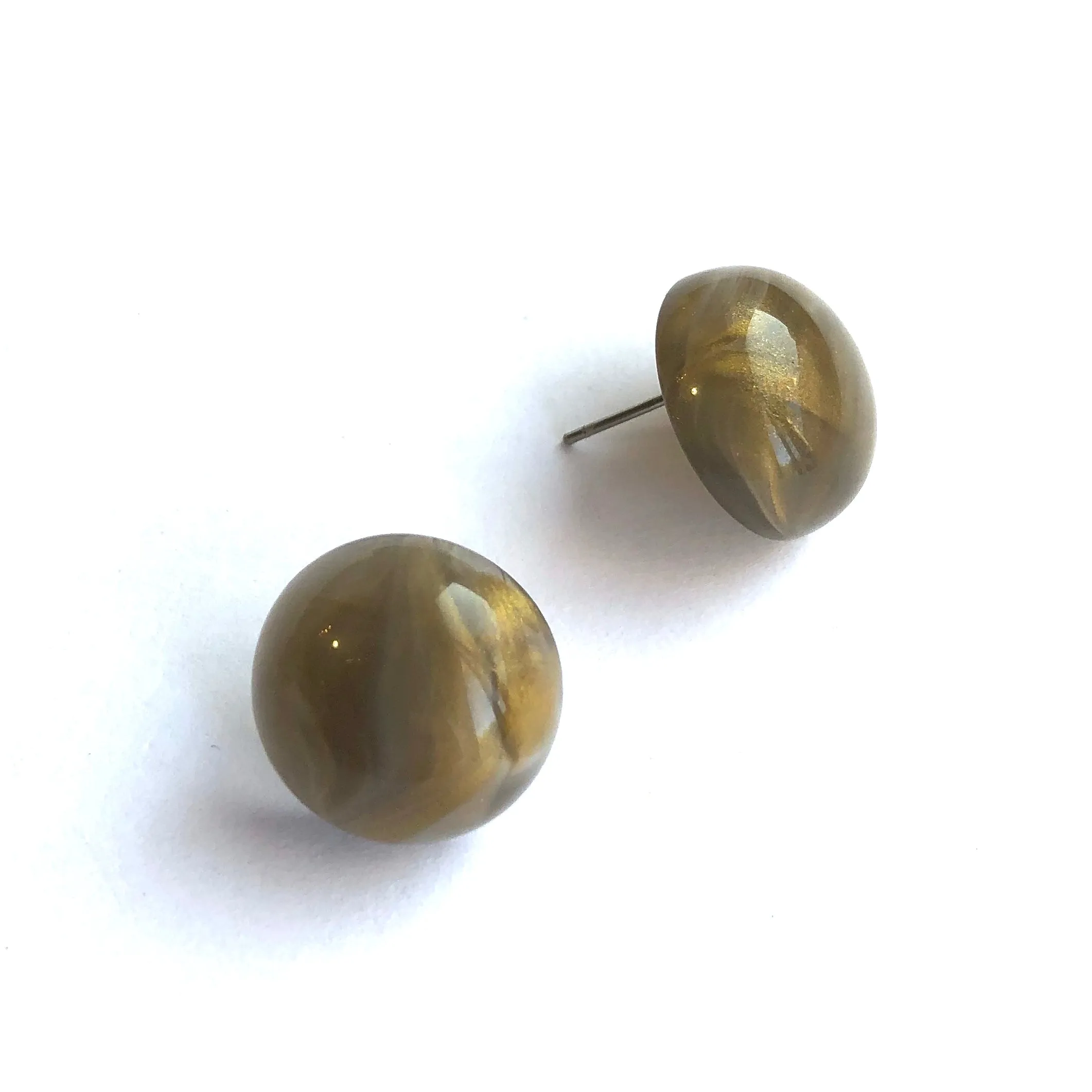 Charcoal Grey & Gold Metallic Marbled Retro Button Studs