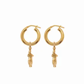 Chunky Hoop Earrings with Double Aphrodite Pendant - Gold-Plated Silver