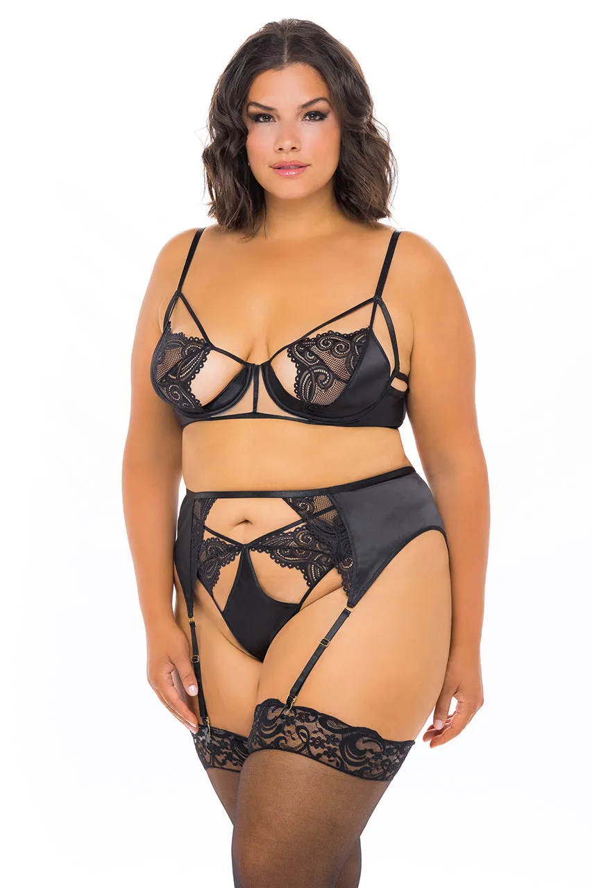 Curvy Ivy Cage 3 Piece Bra Set - BLACK